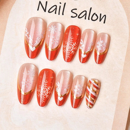 Elegant Nails with Red and Gold Snowflakes, Christmas Nails Press On