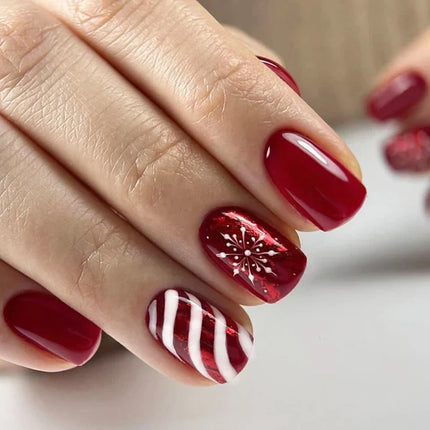 Christmas Nails Press On, Festive Nails in Deep Red, Press On Nails with Adhesive 24 Pack, Holiday Nail Art