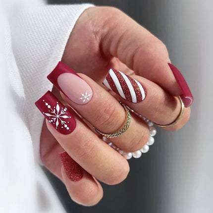 Christmas Nails Press On, Festive Nails with Christmas Nail Designs, Elegant Nails with Glitter Snowflakes and Stockings