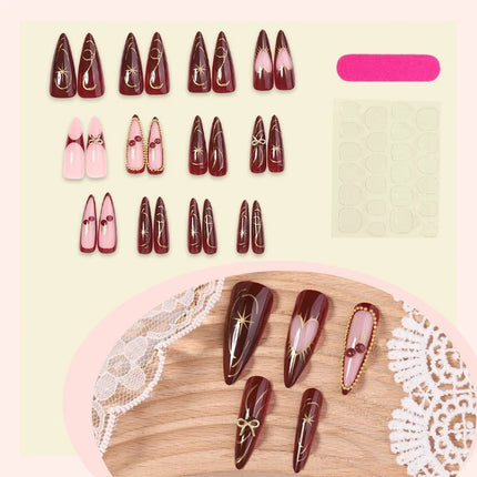 Press On Nails with Adhesive Strips, Elegant Nails with Sparkling Accents, Fake Nail Set with Fine Nail Art Patterns