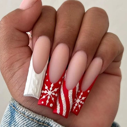 Christmas Nails, Festive Nails with Pink and Red Snowflake Designs, Winter Nail Art, Christmas Nail Designs