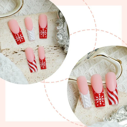 Christmas Nails, Festive Nails with Pink and Red Snowflake Designs