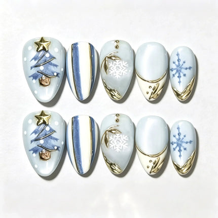 Christmas Nails Press On, Gold Nails with Snowflakes and Christmas Trees, Winter Themed Festive Nails, Winter Nail Art
