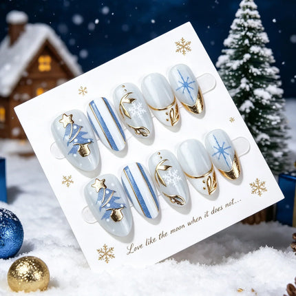 Christmas Nails Press On, Gold Nails with Snowflakes and Christmas Trees