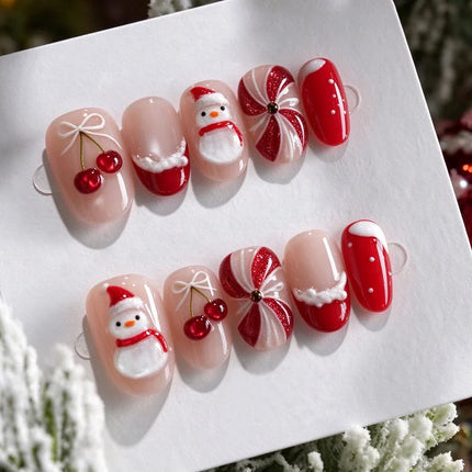 Christmas Nails Press On, Festive Nails with Santa and Bow Designs, Glue Free Fake Nails, Candy Cane Holiday Nail Art