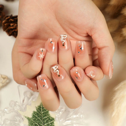 Adhesive Press On Nails for Christmas, Festive Nails with Snowflakes and Stars, Star Nails, Winter Nail Art