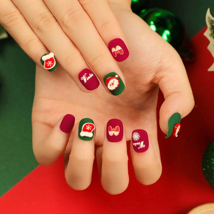 Christmas Nails, Blue Nails with Santa and Snowflake Designs, Glue On Nails, Festive Nail Art for Holiday Parties