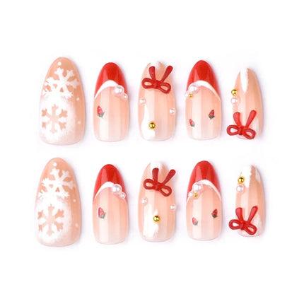 Festive Nails Press On, Winter Nails with Snowflake and Bow Designs