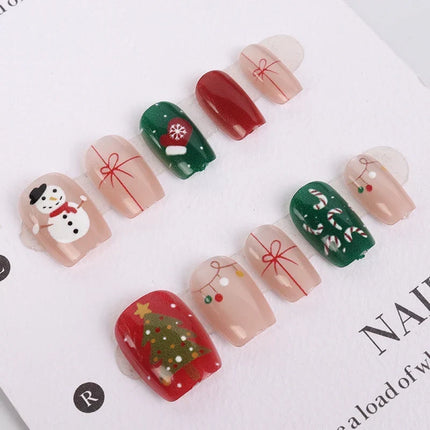 Christmas Nails Press On, Handmade Festive Nails with Snowmen, Red and Green Christmas Nails, Gingerbread Nail Art