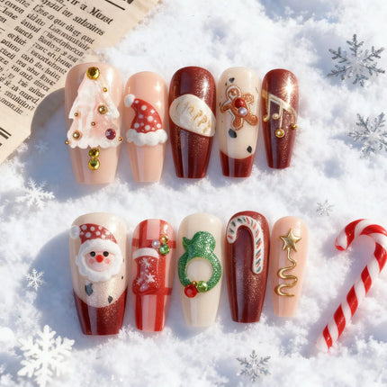 Christmas Nails Press On, Fake Nails with Santa for At Home Manicure