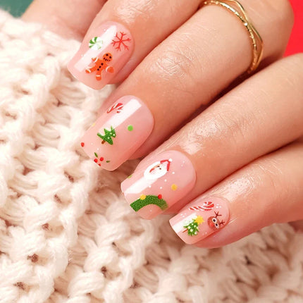 Christmas Nails Press On, Reindeer Nails with Strong Adhesive, Candy Cane Nail Art with Buffing Strips and Gel Polish