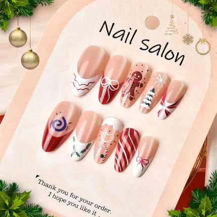 Christmas Nails Press On, Festive Nails with Gingerbread Designs, Peel and Stick Fake Nails, Holiday Nail Art