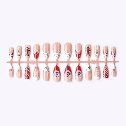 Christmas Nails Press On, Festive Nails with Gingerbread Designs, Peel and Stick Fake Nails