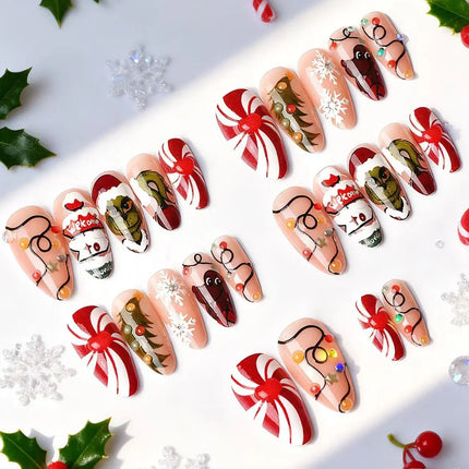Christmas Nails Press On, Festive Nails with Candy Canes and Lights, Peel and Stick Fake Nails, Holiday Nail Art