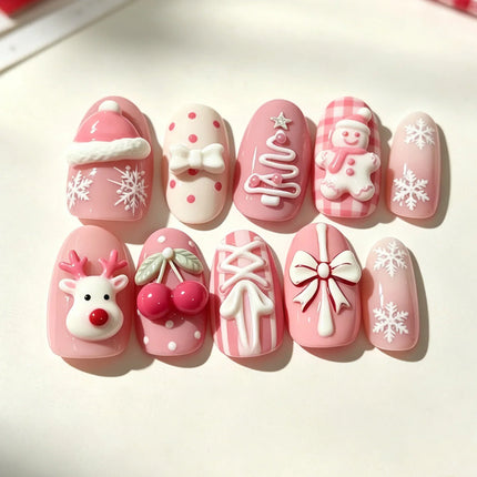 Christmas Nails Press On Nail Set, Gingerbread Nails with Snowflakes, Reusable Festive Nails, Pre Glued Winter Nail Art