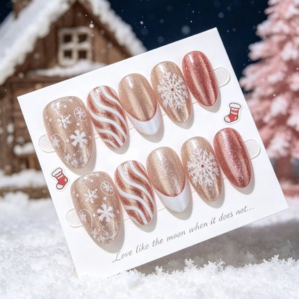 Festive Nails Press On, Winter Nail Art with Snowflake Design, Rose Gold Nails with Sparkle for Home Application