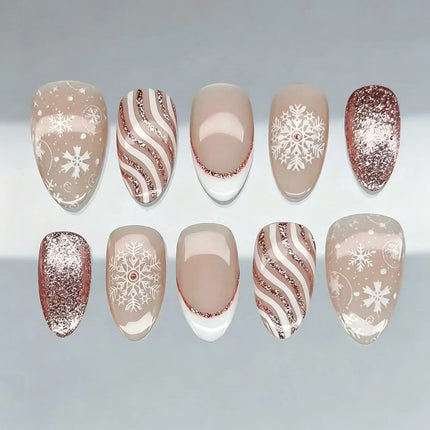 Festive Nails Press On, Winter Nail Art with Snowflake Design