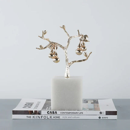 Gold Tree Sculpture with Silver Fruits, Coffee Table Decor and Bookshelf Decor
