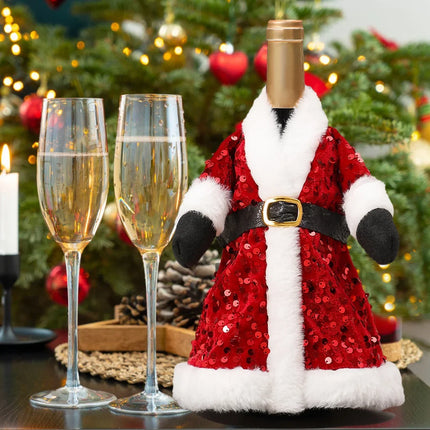 Wine Bottle Gift Wrap with Sequins and Faux Fur, Christmas Wine Bottle Decoration, Wine Bottle Wrap with Belt Closure