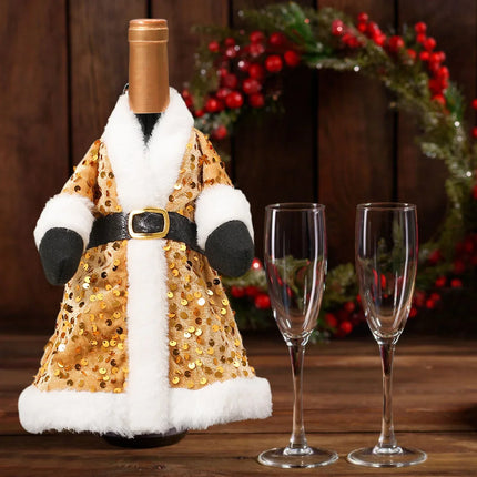 Wine Bottle Gift Wrap with Sequins and Faux Fur, Christmas Wine Bottle Decoration