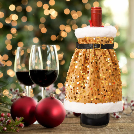 Wine Bottle Gift Wrap with Sequins and Faux Fur, Wine Bottle Wrap with Belt Closure