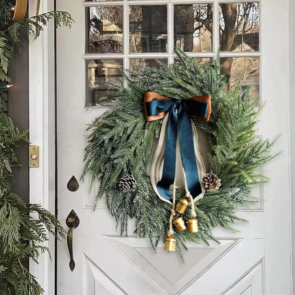 Christmas Wreath for Front Door, 18 Inch Evergreen Wreath with Ribbon and Bells, Outdoor Christmas Wreath for Window