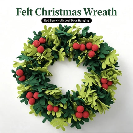 Christmas Wreath for Front Door, Felt Holly Wreath with Red Berries, Christmas Decorations for Indoor and Outdoor