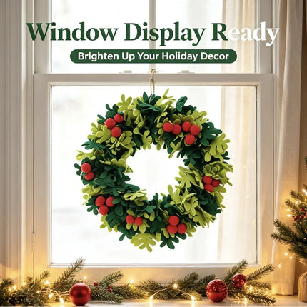Christmas Wreath for Front Door, Felt Holly Wreath with Red Berries