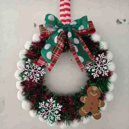 Christmas Wreath with Tinsel and Snowflakes, Front Door Wreath with Hanging Ribbon