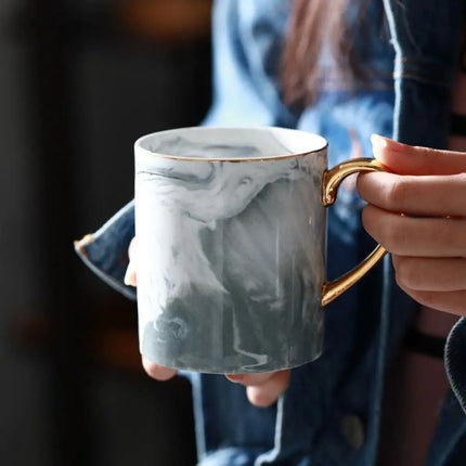 Ceramic Coffee Mug with Marble Design and Gold Handle, Hot Chocolate Mug