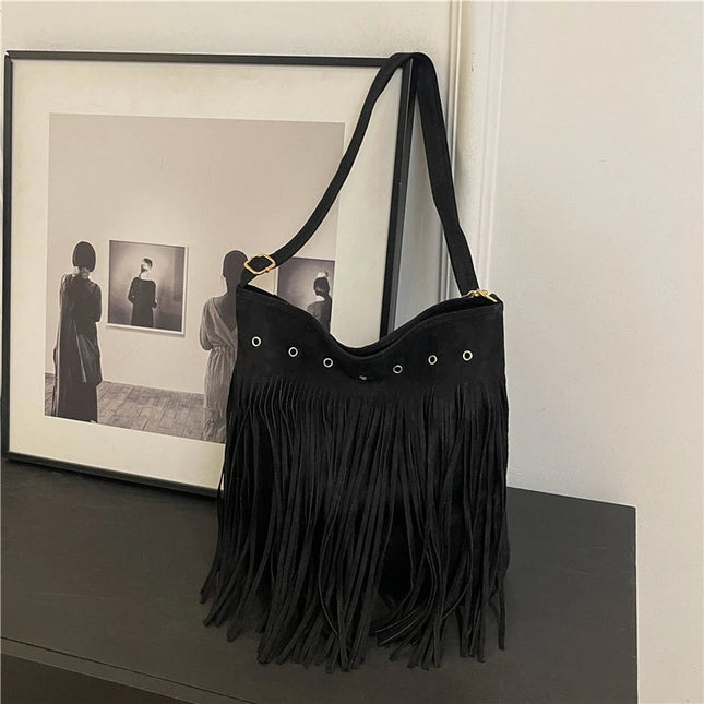 Maria | Faux Suede Fringe Shoulder Bag with Unique Eyelet Accents | Stylish Slouchy Hobo for Everyday Charm 0