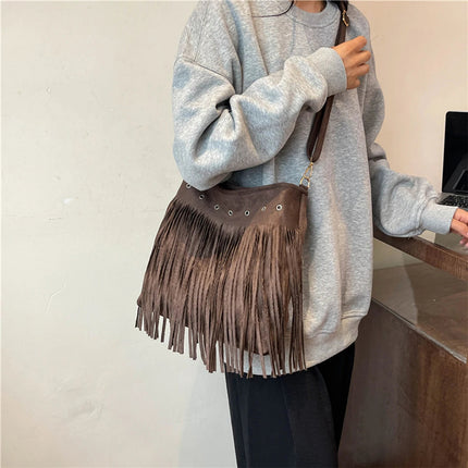 Maria | Faux Suede Fringe Shoulder Bag with Unique Eyelet Accents | Stylish Slouchy Hobo for Everyday Charm 3
