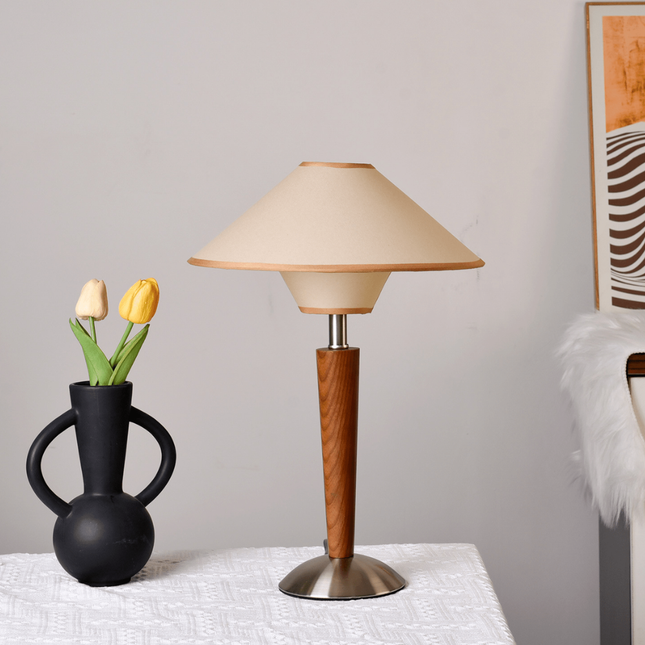 Mid Century Modern Table Lamp with Flared Shade & Tapered Wood Base | Stylish Lighting for Cozy Ambiance 0