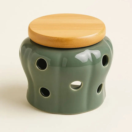Garlic Jar Ceramic with Bamboo Lid, Garlic Keeper with Air Holes, Ginger Storage, Ceramic Kitchen Canister