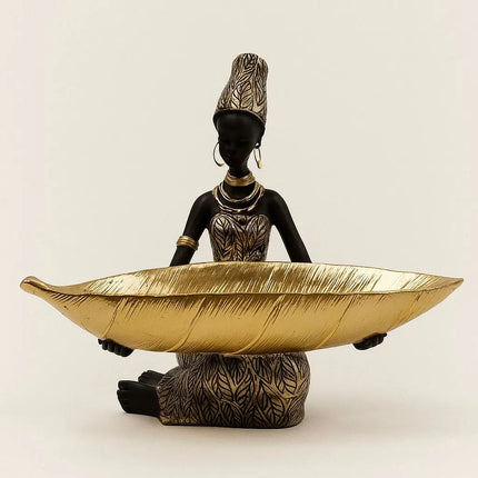 Decorative Tray, Resin Figurine Jewelry Tray, Gold Leaf Trinket Dish, African Sculpture for Coffee Table Decor