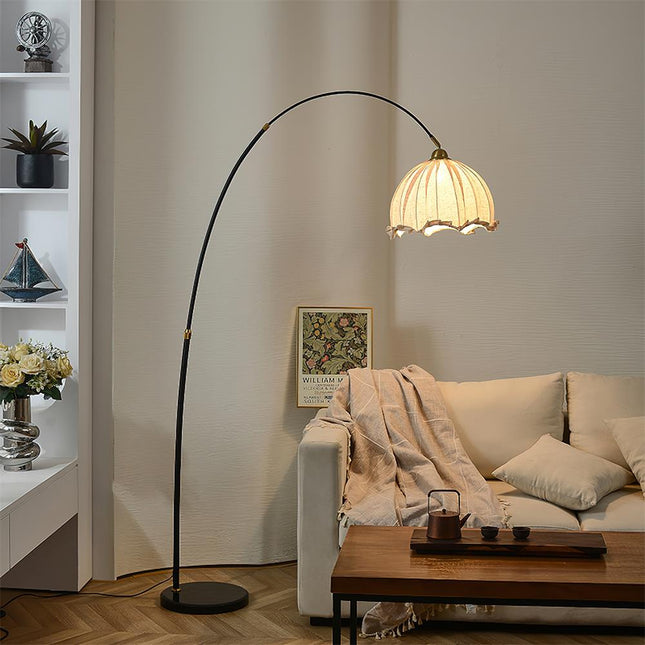 Modern Arc Floor Lamp with Fabric Shade & Black Metal Base | Elegant Lighting for Living Room 0