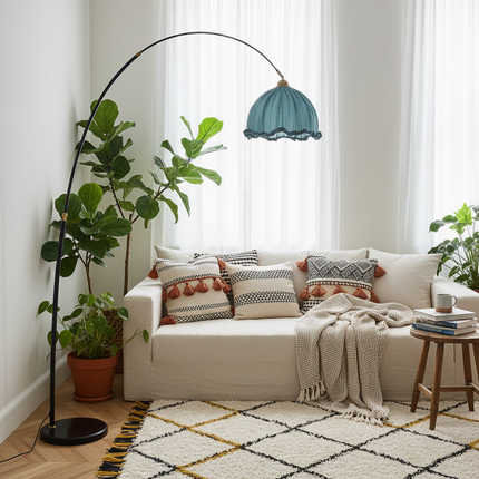 Modern Arc Floor Lamp with Fabric Shade & Black Metal Base | Elegant Lighting for Living Room 6