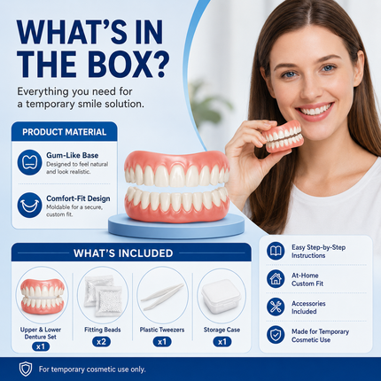 Vepine Custom Smile | Moldable False Teeth Set for Men & Women with Custom Fit | Temporary Easy Denture Kit for Missing & Chipped Teeth