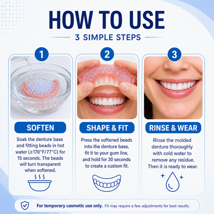 Vepine Custom Smile | Moldable False Teeth Set for Men & Women with Custom Fit | Temporary Easy Denture Kit for Missing & Chipped Teeth