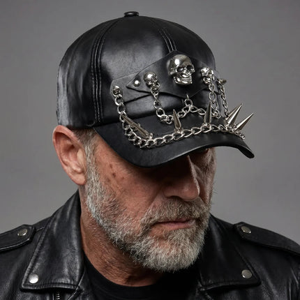 Moto Cap | Leather-Look Motorcycle Cap with Skull Details | Bold Style for Riders 1
