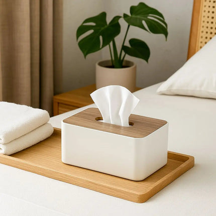 Tissue Box Holder with Wood Effect Top, Wipes Dispenser for Home Decor and Office