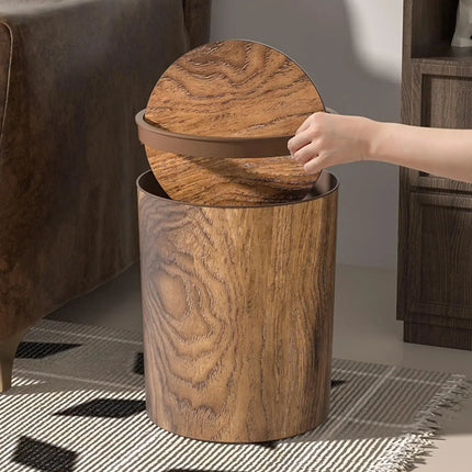 Trash Bin with Swing Lid, Wood Look Bathroom Trash Can with Lid, Small Garbage Can for Bedroom and Office