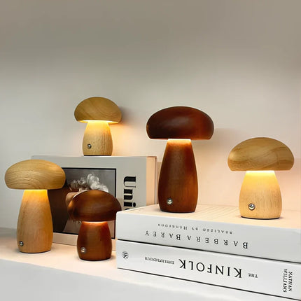 Wooden Table Lamp with Dimmable Cordless Design | Elegant Mushroom Shape for Warm Ambiance