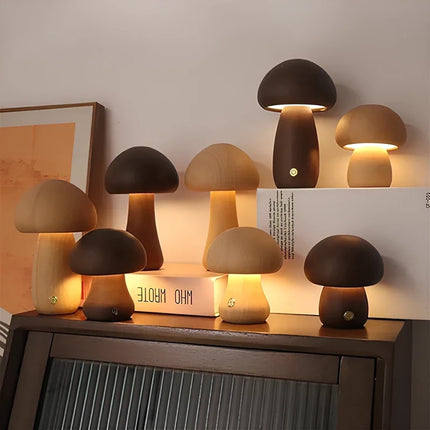 Wooden Table Lamp with Dimmable Cordless Design | Elegant Mushroom Shape for Warm Ambiance