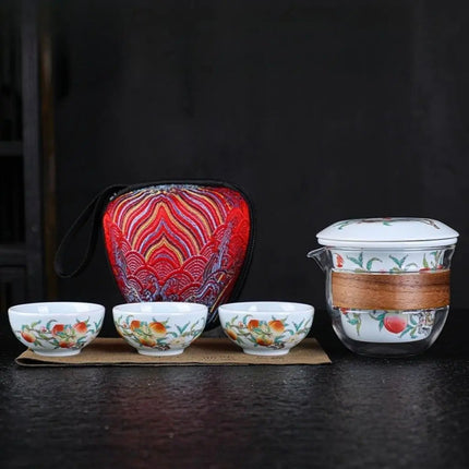 Travel Tea Set with Case, Portable Tea Set with Peach Design for Outdoor