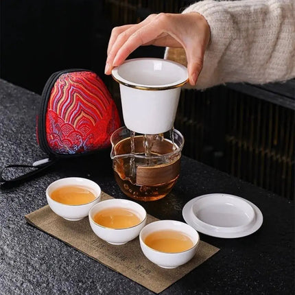 Travel Tea Set with Case, Porcelain Tea Infuser Cup with 3 Teacups