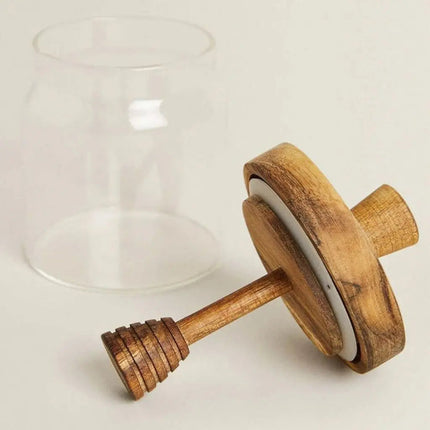 Glass Jar with Wooden Lid, Honey Pot with Wooden Honey Dipper