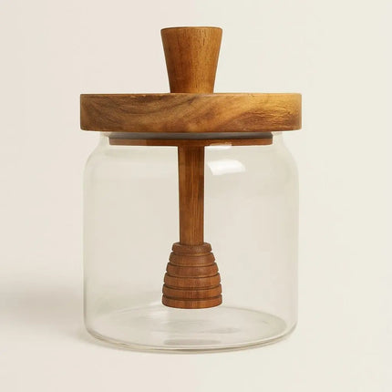 Glass Jar with Wooden Lid, Honey Pot with Wooden Honey Dipper, Clear Honey Jar for Syrup and Condiments