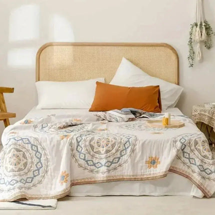 Nordic Boho | Lightweight Cotton Gauze Throw Blanket with Fringe | Breathable Design for Summer Comfort 0