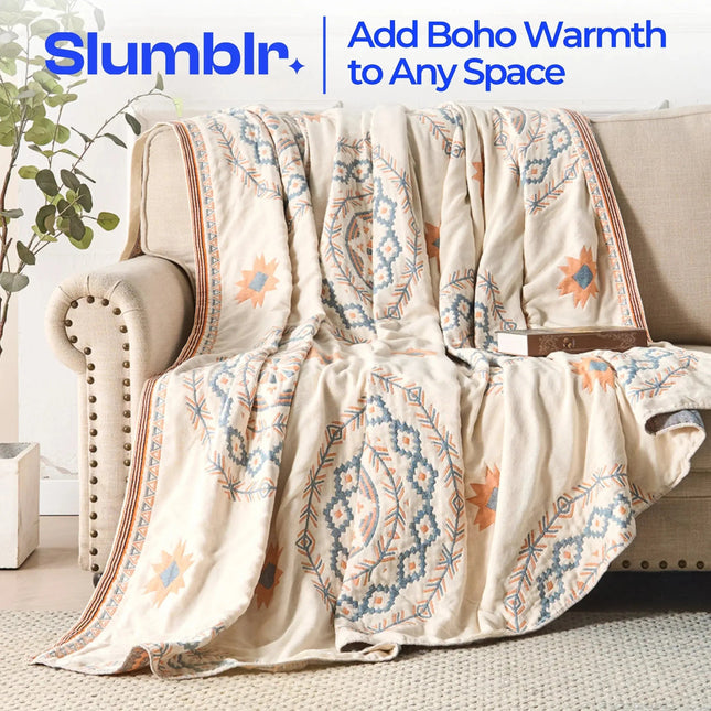 Nordic Boho | Lightweight Cotton Gauze Throw Blanket with Fringe | Breathable Design for Summer Comfort 1